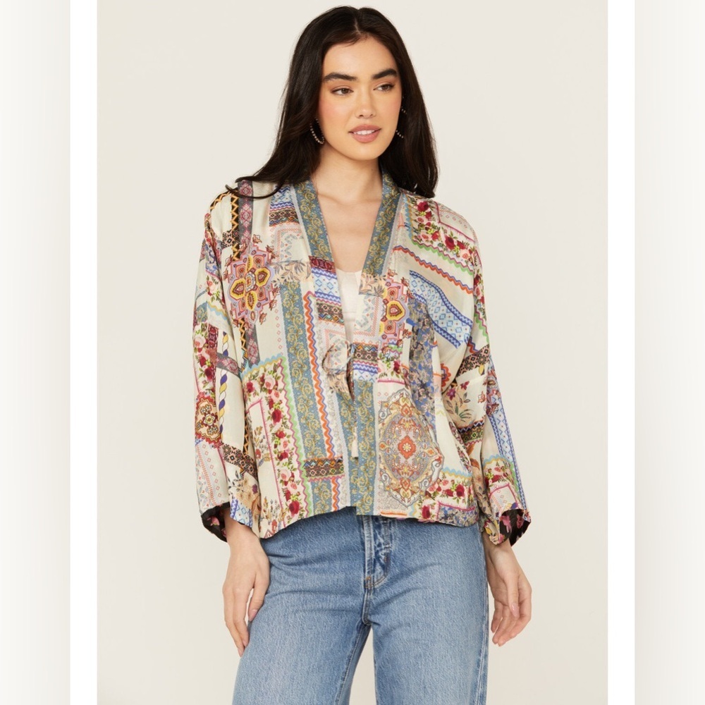 JOHNNY WAS Stano Makenna Reversible Silk Kimono Cardigan Black Floral Patchwork - Picture 13 of 15